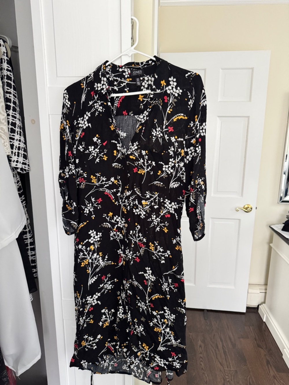 Jones New York Black Floral Print Button-Front Dress Size 14